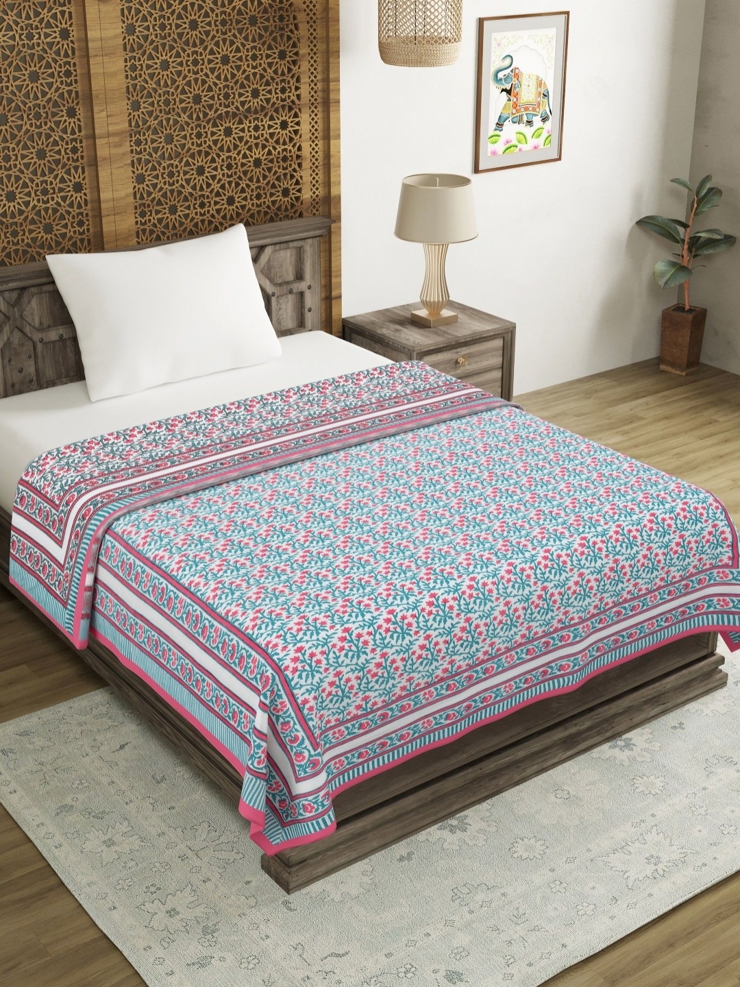 

Myntra Elegant Homes Pink & White Ethnic Motifs Cotton 150 GSM AC Room Single Bed Dohar