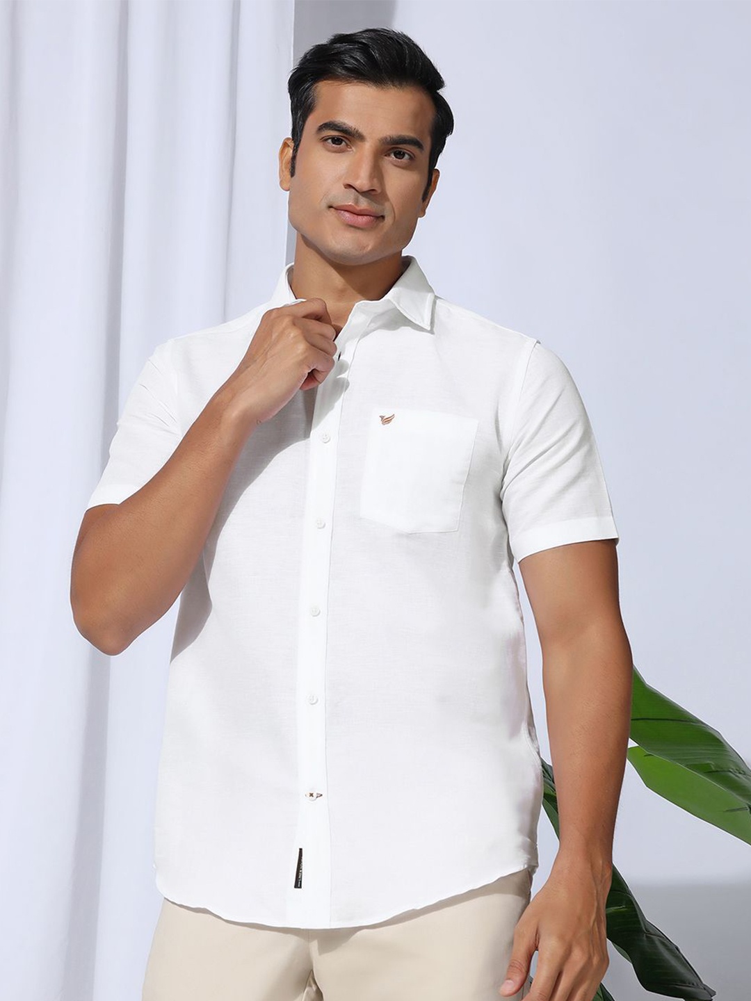 

Blackberrys Men India Slim Fit Spread Collar Solid Linen Casual Shirt, White