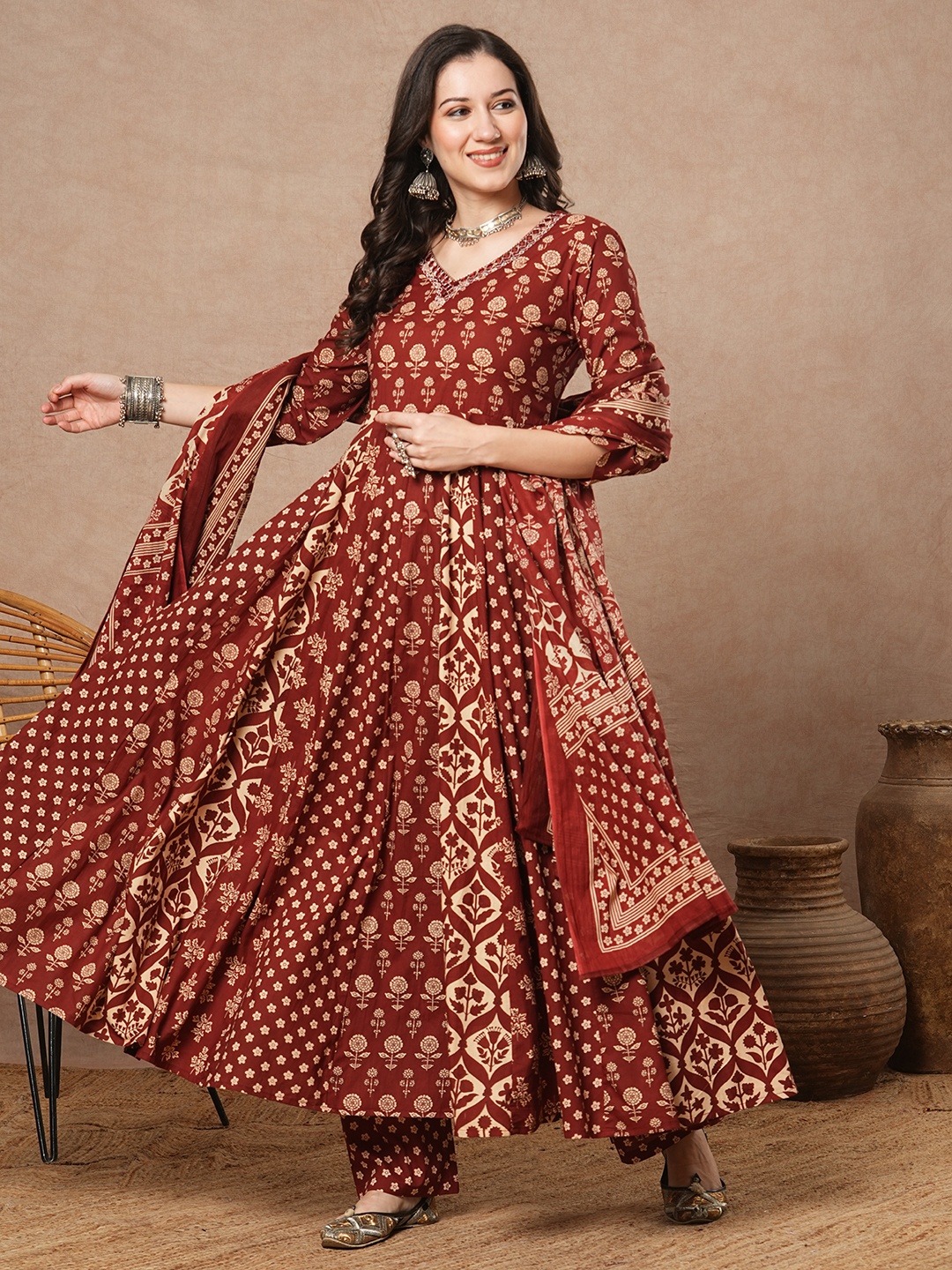 

FASHOR Women Ethnic Motifs Printed Panelled Mirror Work Pure Cotton Kurta with Trousers & With Dupatta, Brown