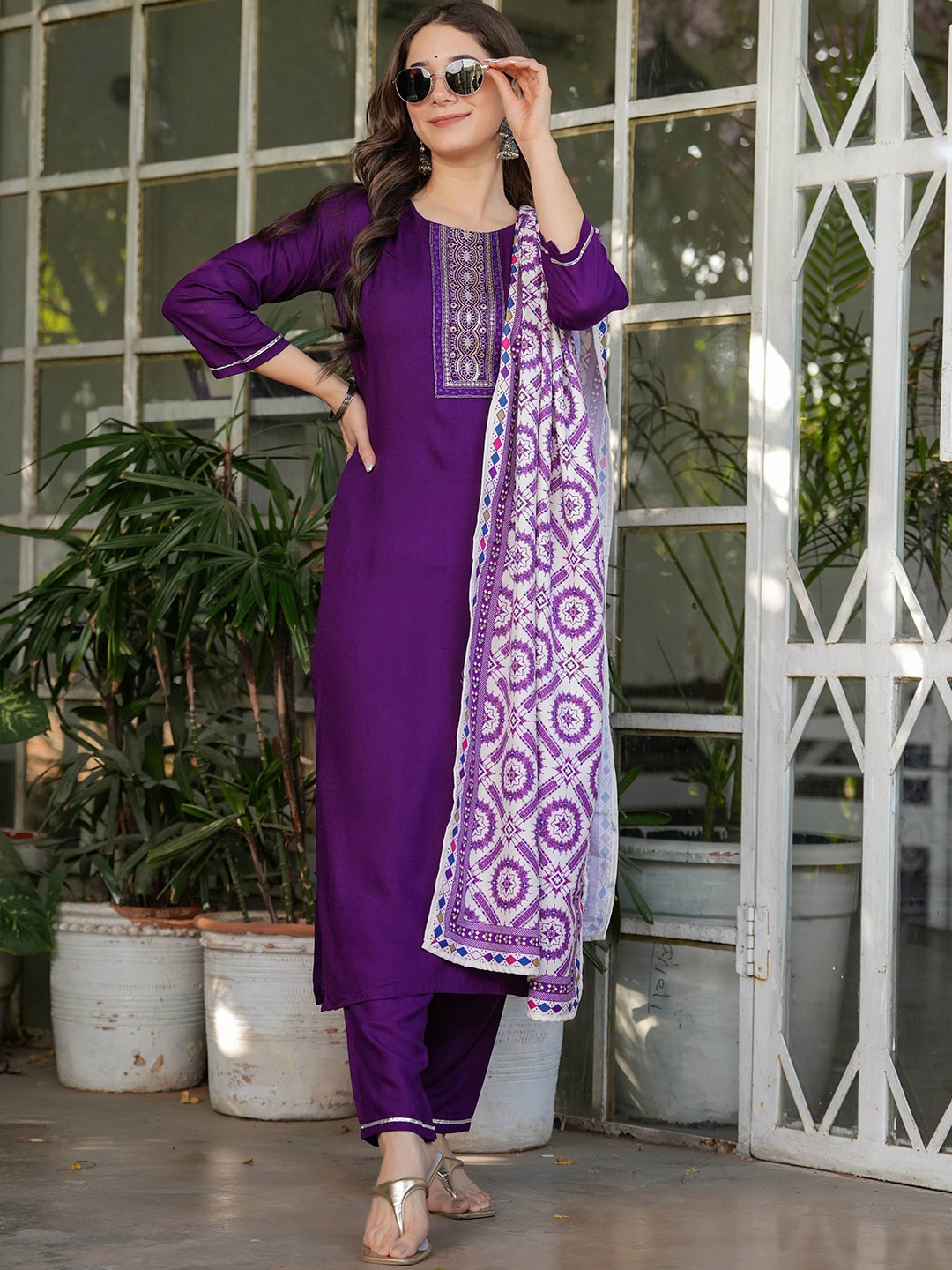 

Vintro Women Embroidered Regular Sequinned Kurta with Trousers & With Dupatta, Purple