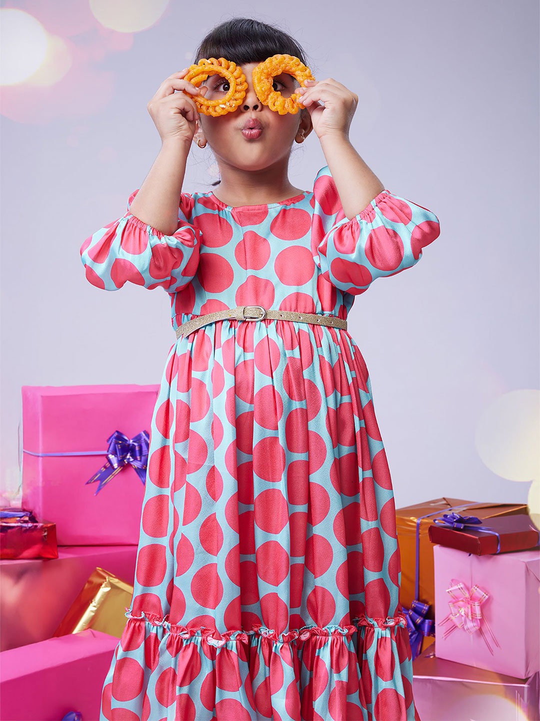 

MASTARANG Puff Sleeve Satin Dress With Belt, Pink