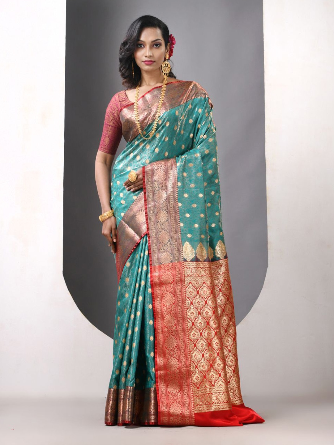 

Charukriti Woven Design Zari Silk Blend Banarasi Saree, Teal