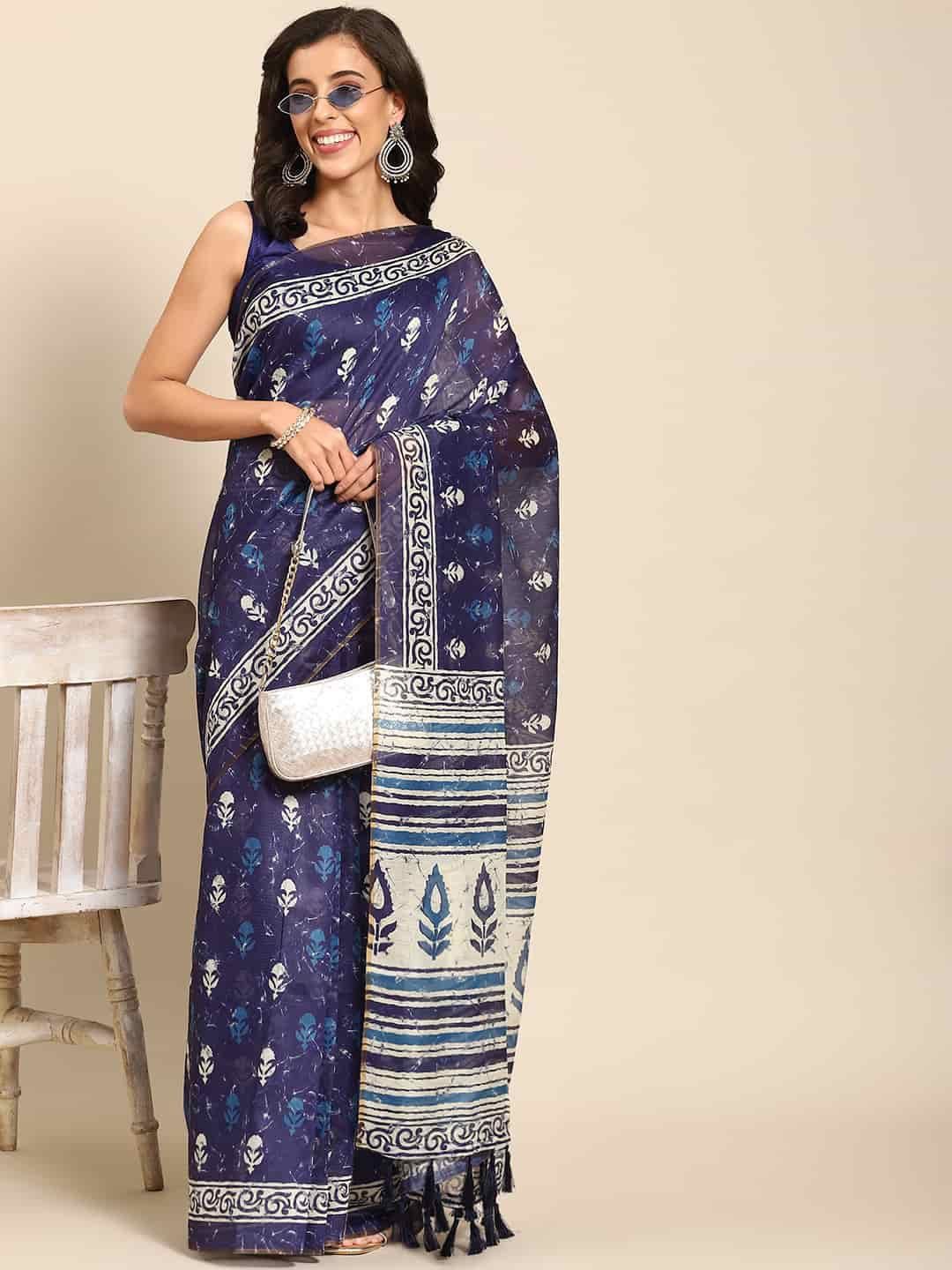 

DIVASTRI Digital Printed Kalamkari Chanderi Cotton Saree With Tassels, Blue