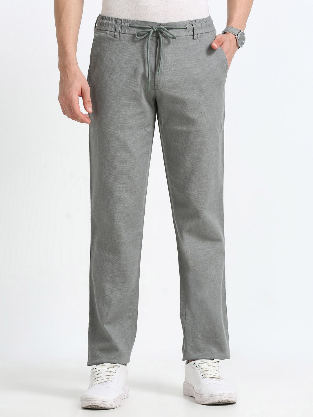 

NEVER NEUD Men Relaxed Fancy Linen Trousers, Olive