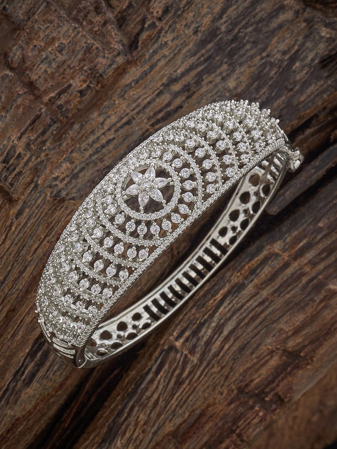 

Kushal's Fashion Jewellery Women White Rhodium-Plated Cubic Zircon-Studded Kada Bangle, Silver