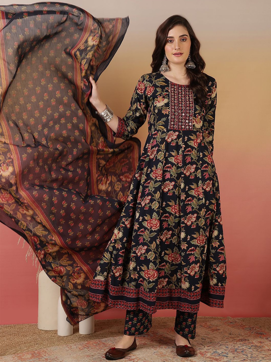 

Sangria Printed Anarkali Kurta With Trouser & Dupatta, Red