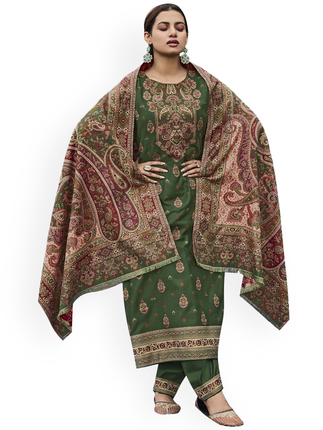 

DRAVINAM Trends Ethnic Motifs Woven Design Pashmina Unstitched Dress Material, Green