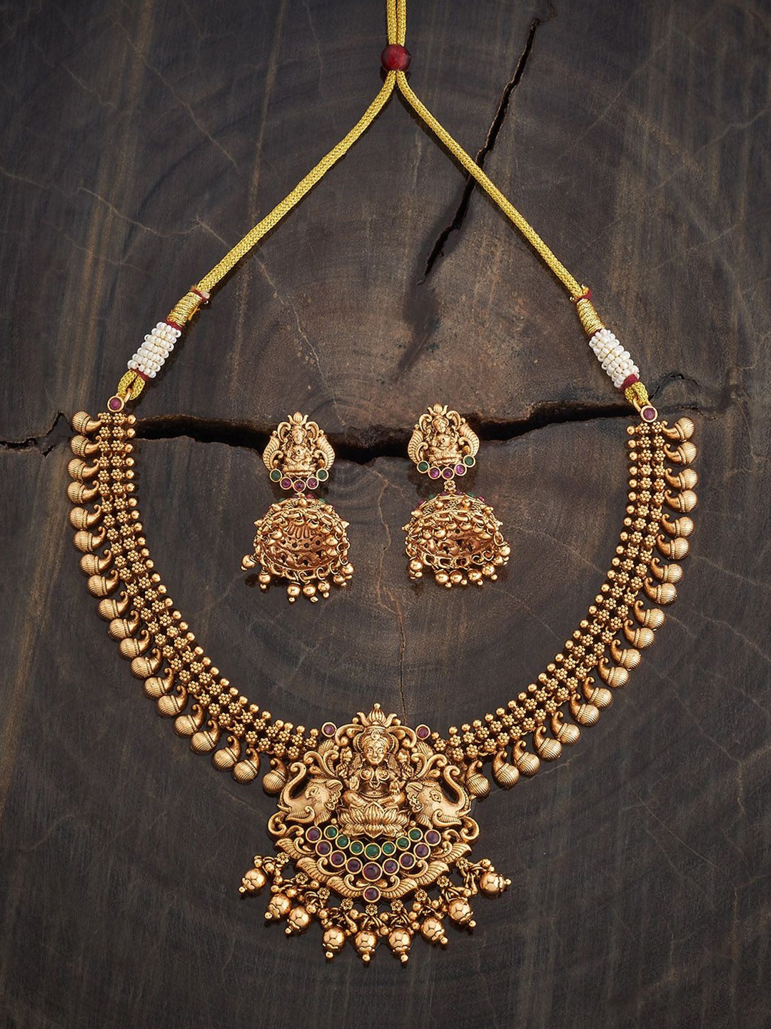 

Kushal's Fashion Jewellery Copper Ruby-Green Gold-Plated Antique Necklace