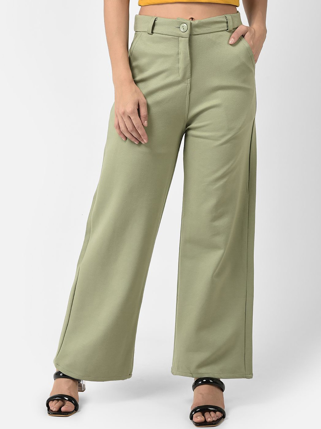 

FNOCKS Women Relaxed Flared High-Rise Organic Cotton Wide-Leg Trouser, Green