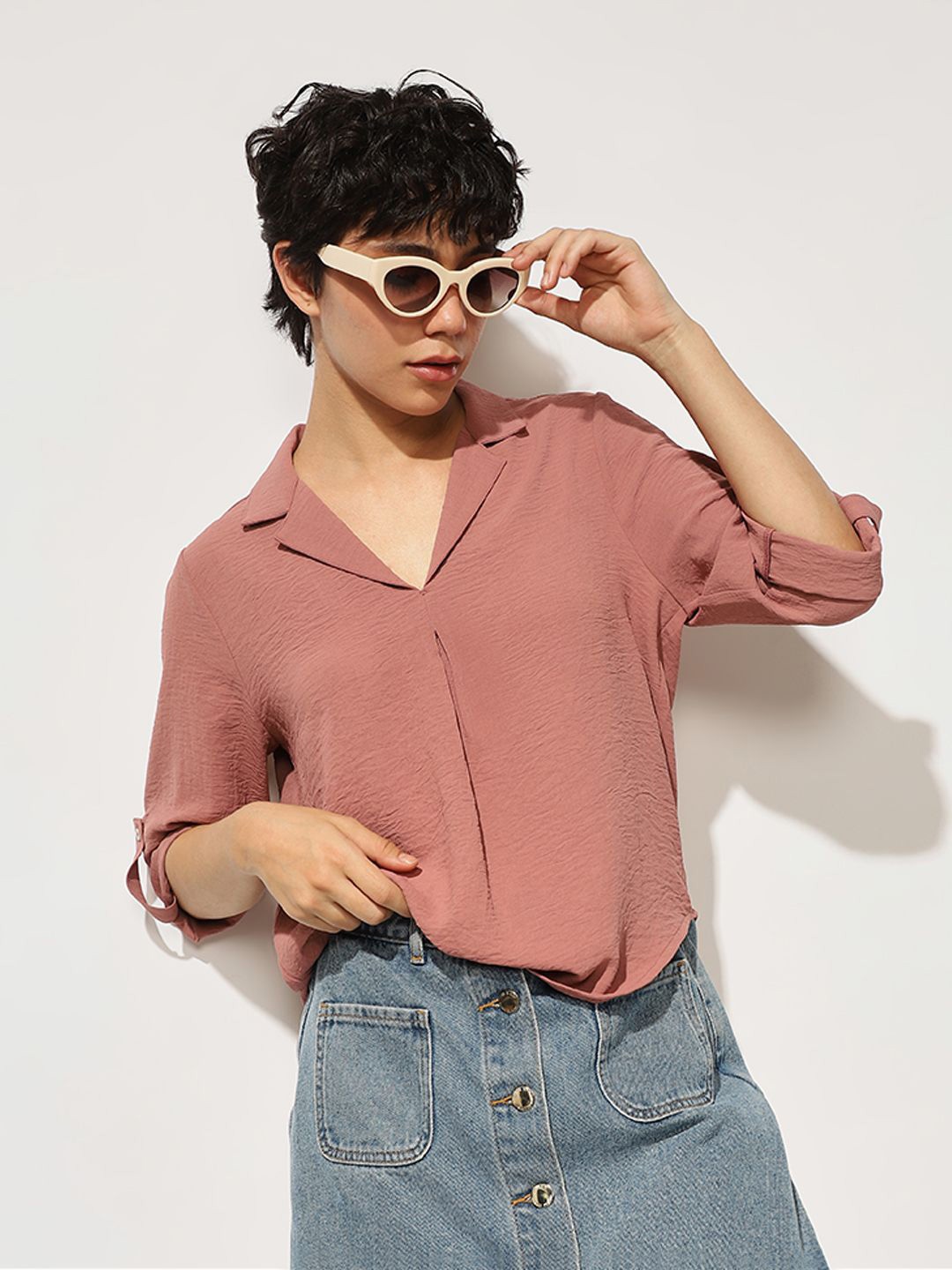 

ONLY Roll-Up Sleeves Shirt Style Top, Rose