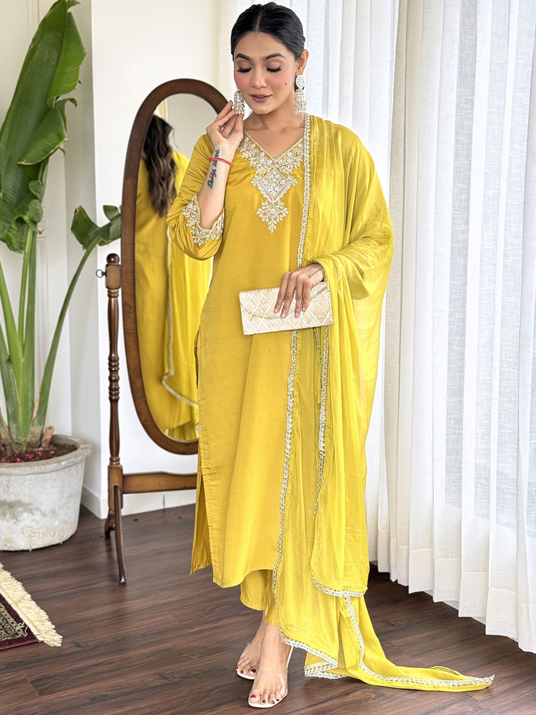 

Kurti Culture Women Floral Embroidered Regular Kurta with Trousers & With Dupatta, Yellow