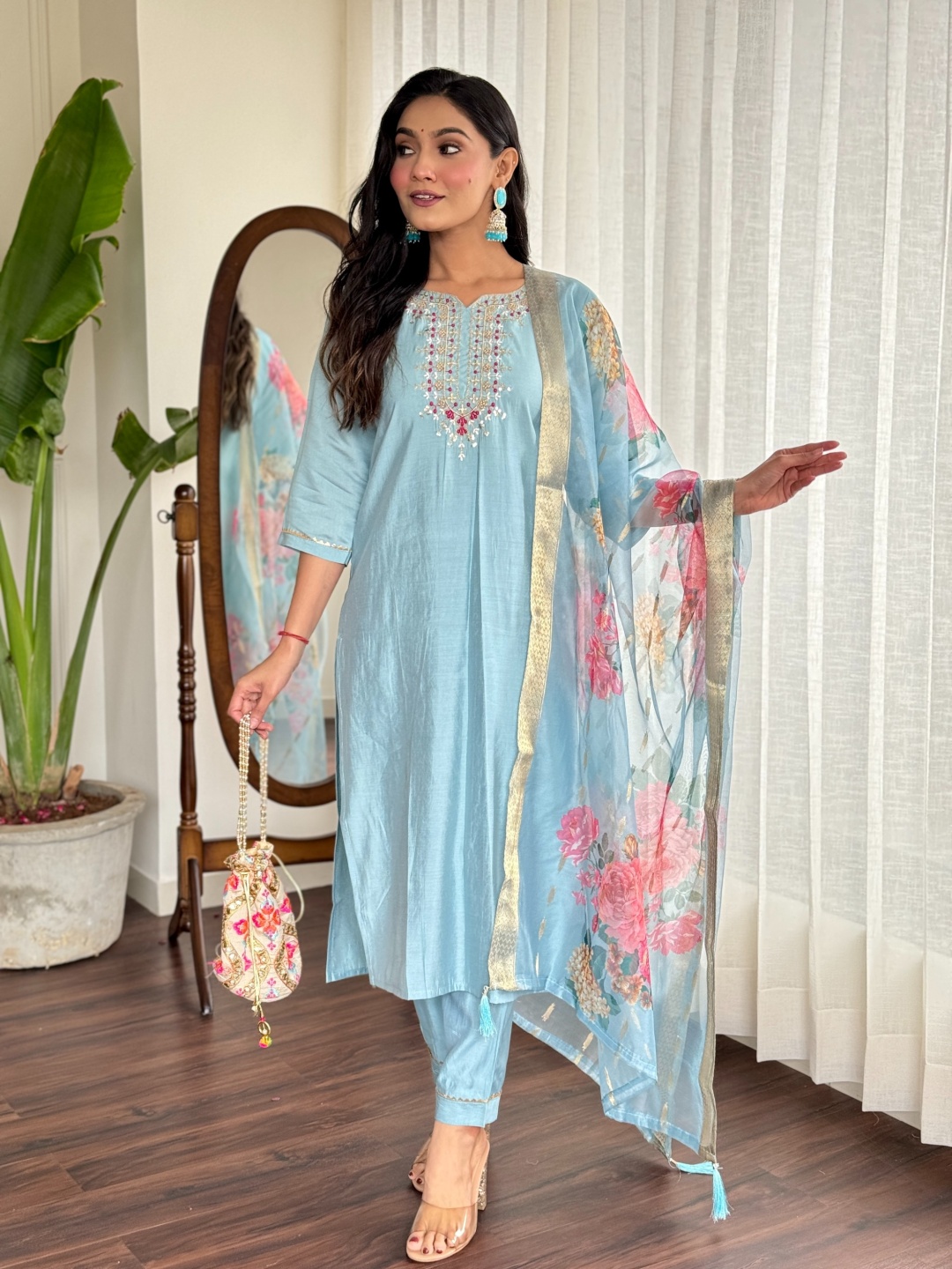 

Moda Rapido Women Ethnic Motifs Embroidered Regular Thread Work Chanderi Silk Kurta with Trousers & With, Blue