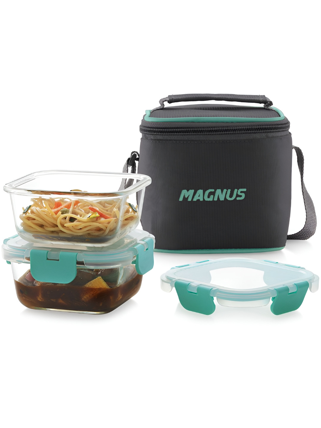 

MAGNUS Glock Solid Grey & Green 2 Pieces Square Borosilicate Glass Lunch Box With Bag
