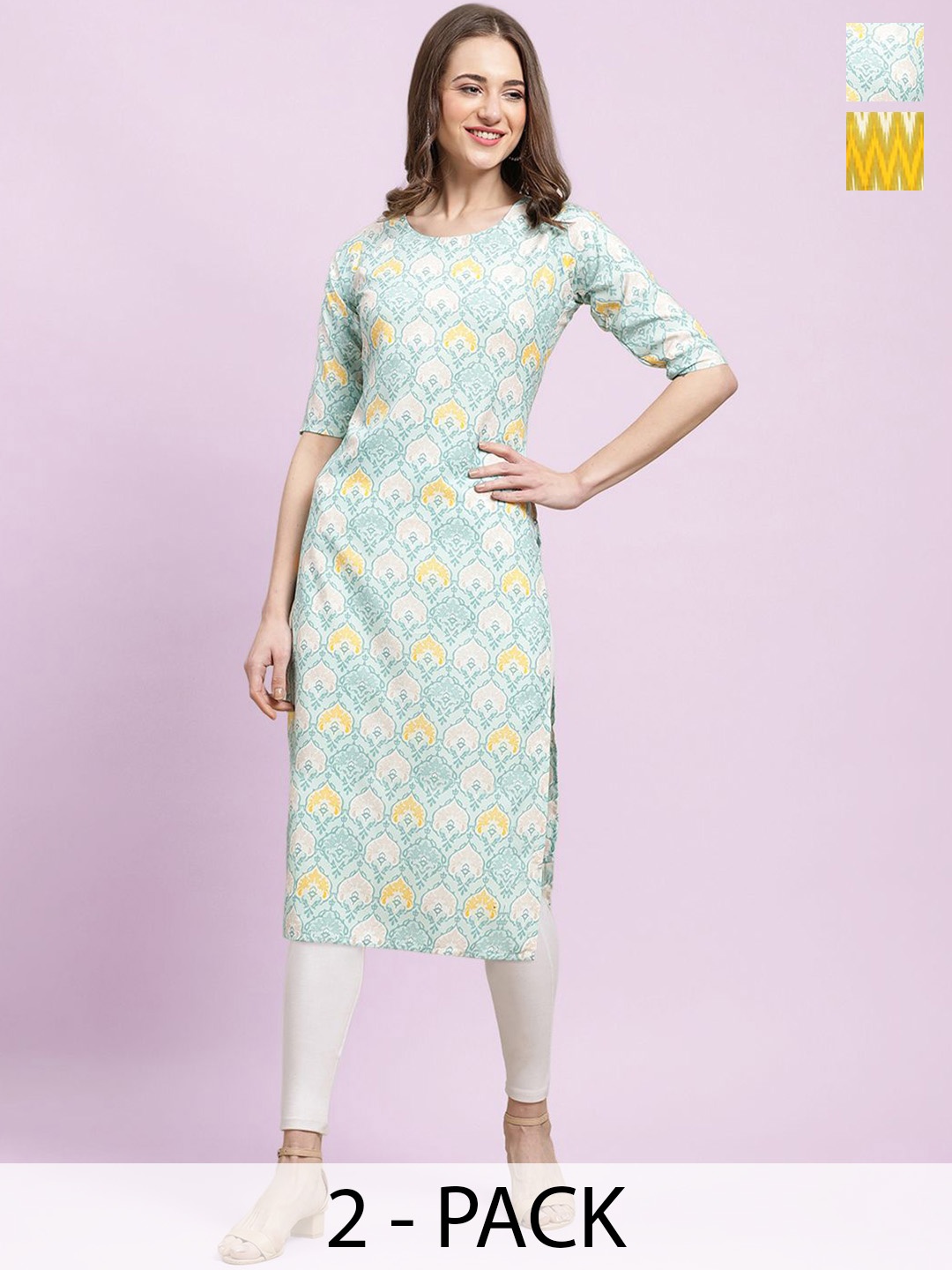 

Moda Rapido Green & Yellow Selection Of 2 Ethnic Motifs Printed Straight Kurtas