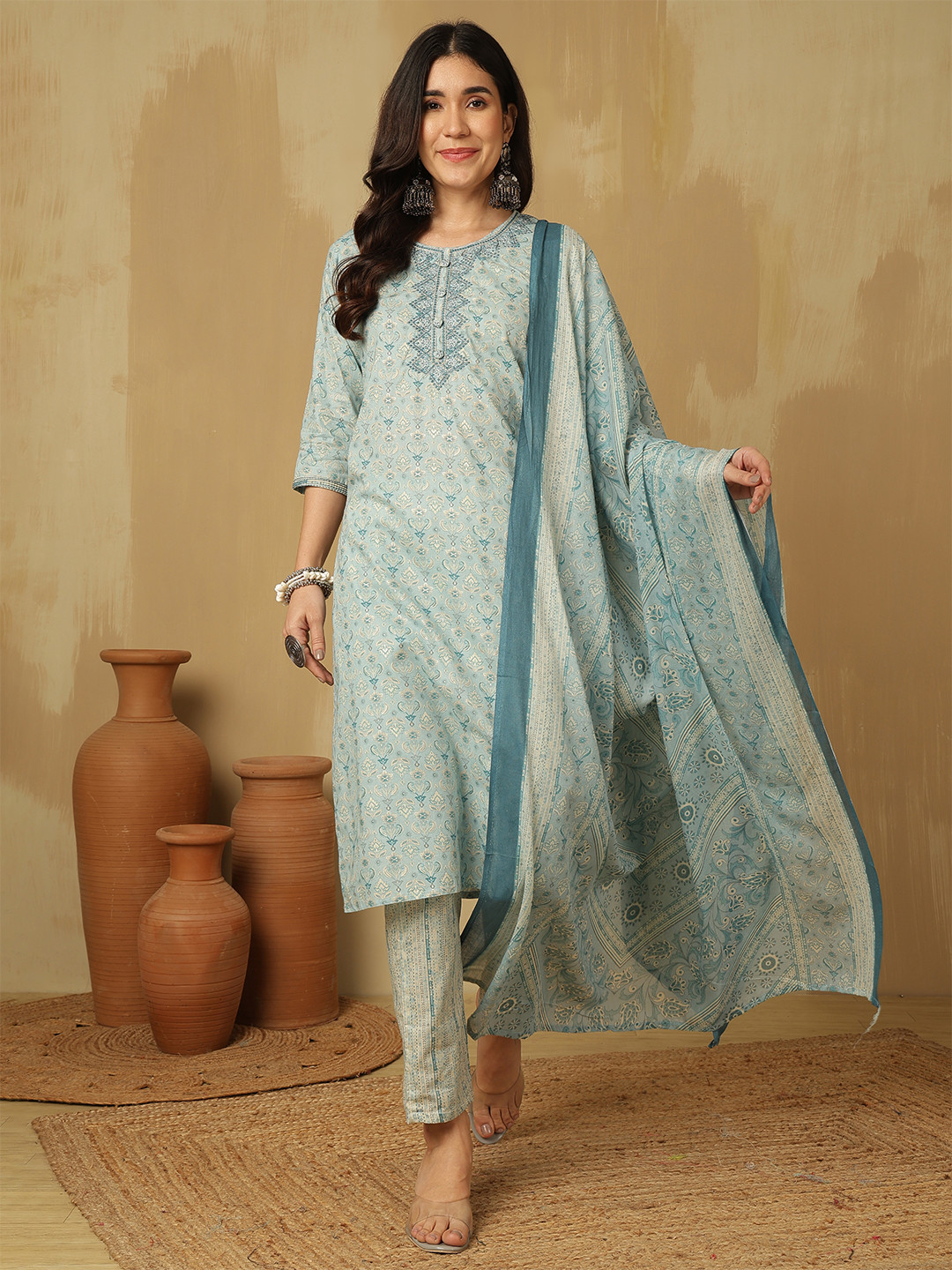 

Sangria Self Design Straight Kurta With Trousers & Dupatta, Blue