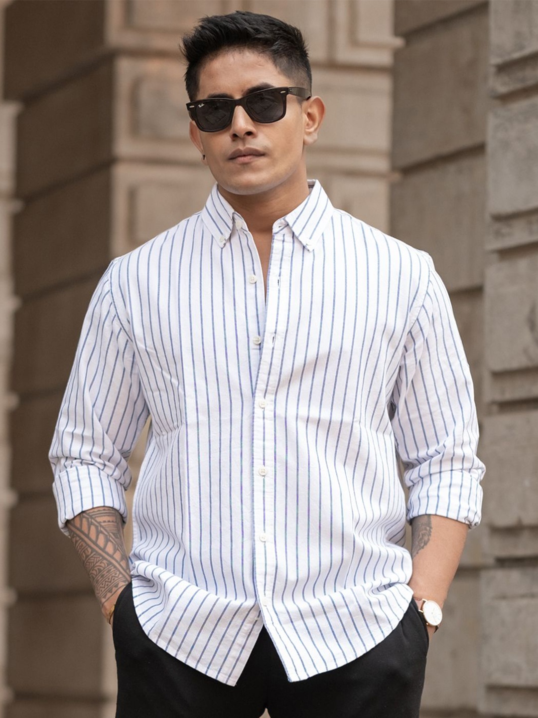 

Powerlook Men Opaque Striped Casual Shirt, White