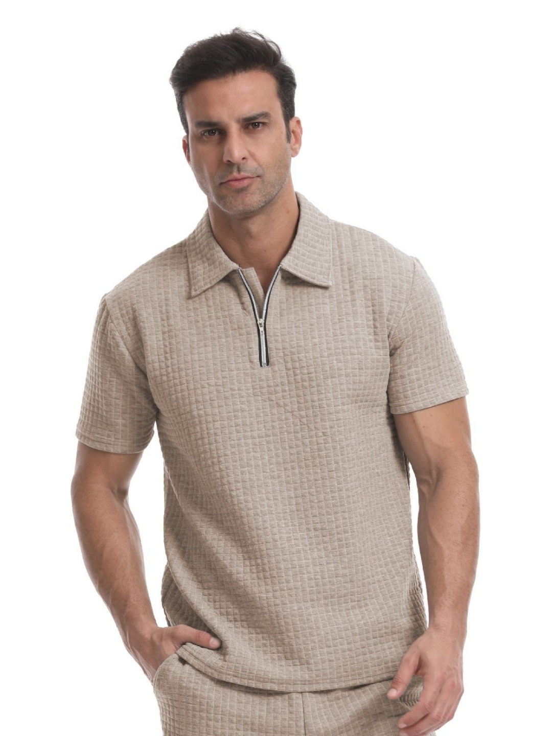

StyleCast x Revolte Men Polo Collar Raw Edge T-shirt, Khaki