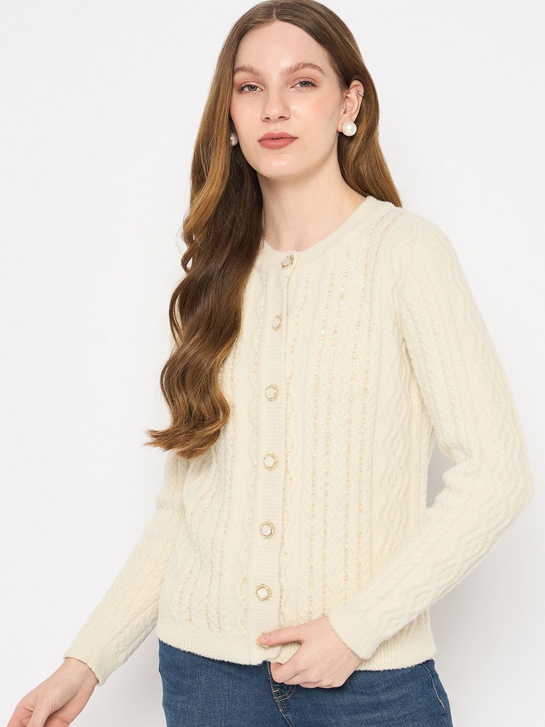 

Madame Women Striped Cardigan, Beige