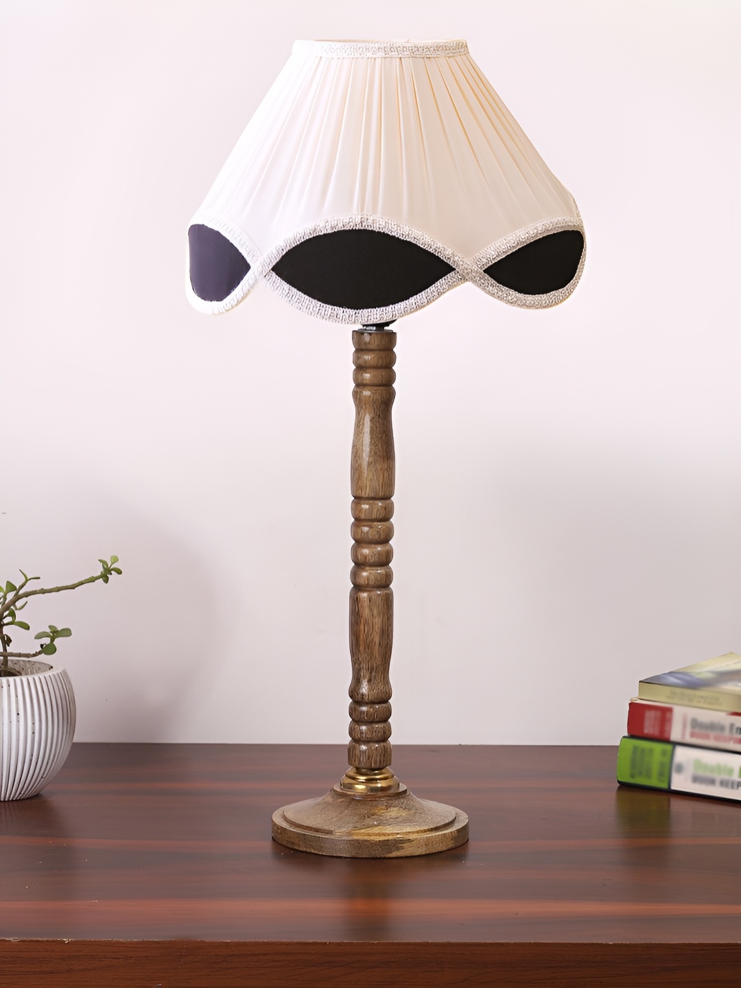 

Devansh Off White & Beige Textured Frustum Shaped Wooden Table Lamp