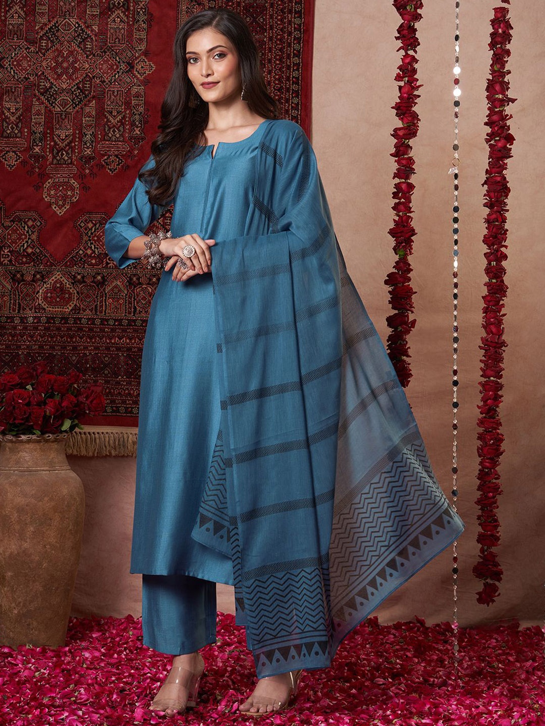 

Anni Designer Round Neck Straight Kurta with Trousers & Dupatta, Blue