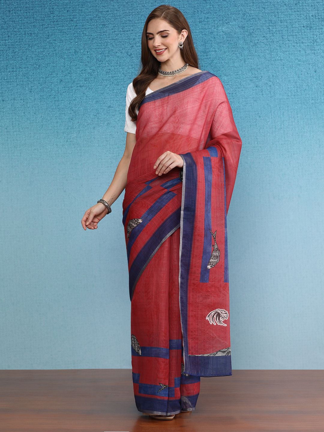 

DIVASTRI Floral Printed Zari Silk Cotton Banarasi Saree, Red