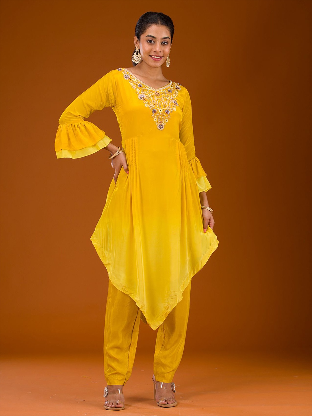 

Koskii Paisley Yoke Design Thread Work Georgette A-Line Kurta With Trousers & Dupatta, Yellow