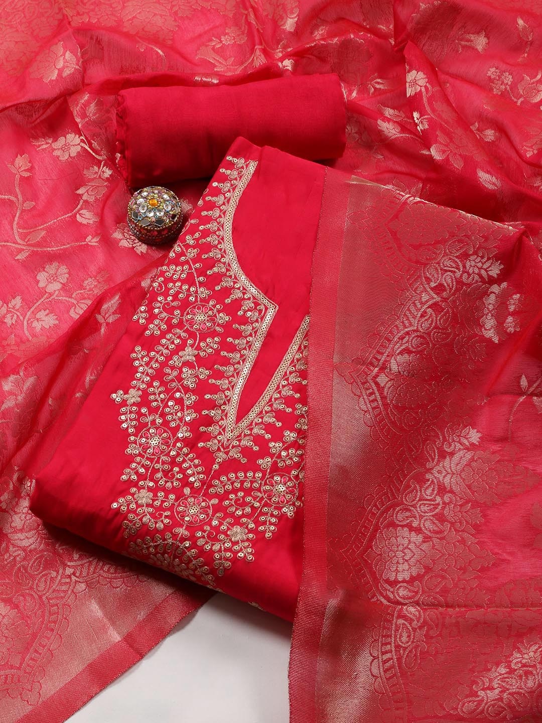 

Meena Bazaar Embroidered Art Silk Unstitched Dress Material, Pink