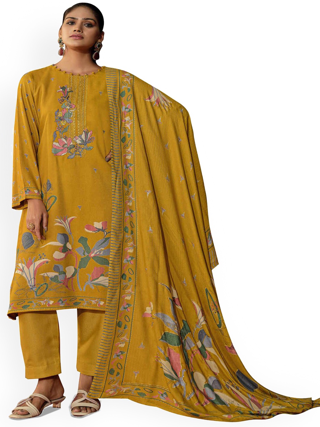 

DRAVINAM Trends Floral Printed Pashmina Unstitched Dress Material, Yellow