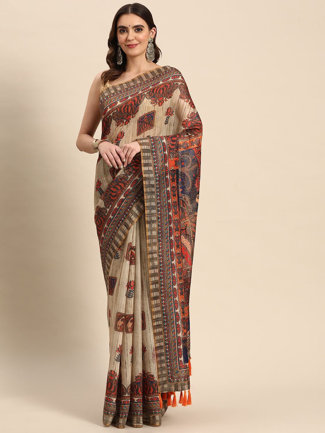 

DIVASTRI Digital Printed Kalamkari Chanderi Cotton Saree with Tassels, Beige