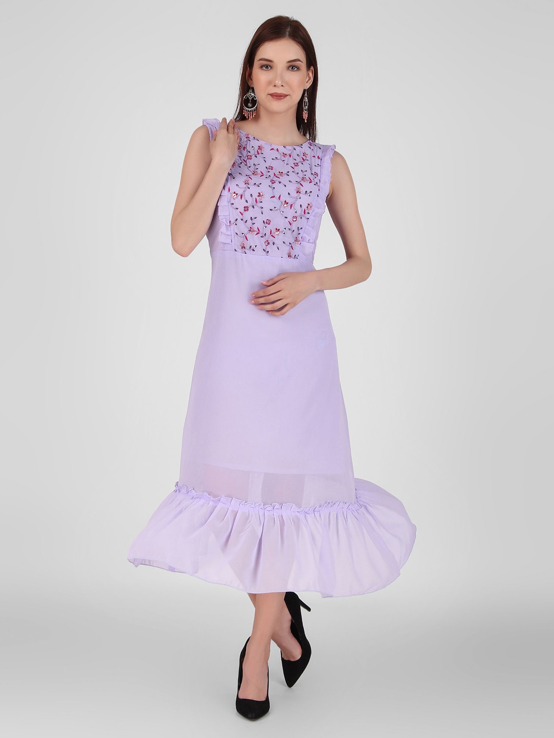 

FNOCKS Floral Embroidered Georgette A-Line Midi Dress, Purple