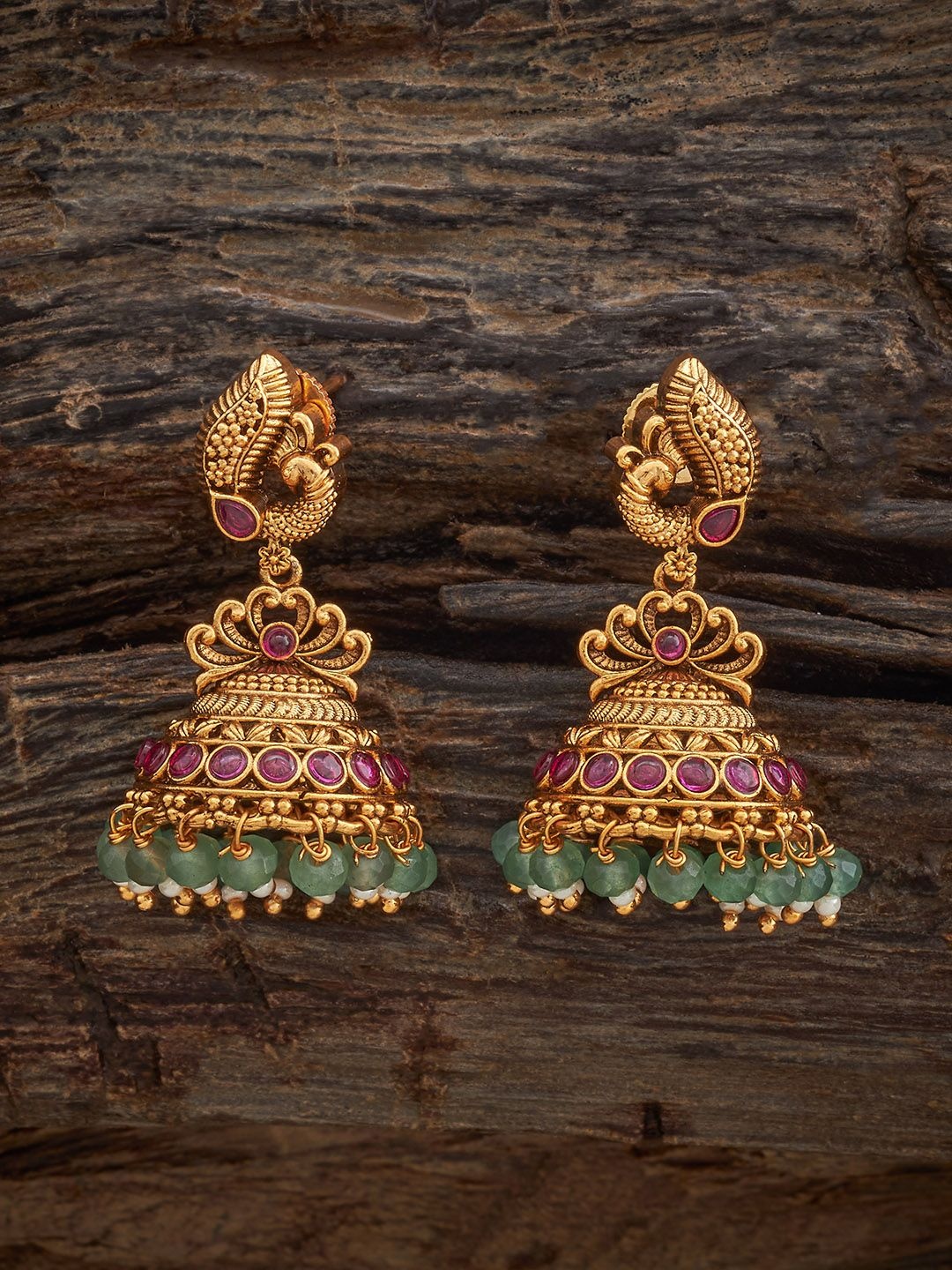 

Kushal's Fashion Jewellery Ruby-Green Gold-Plated Dome Shaped Antique Jhumkas Earrings