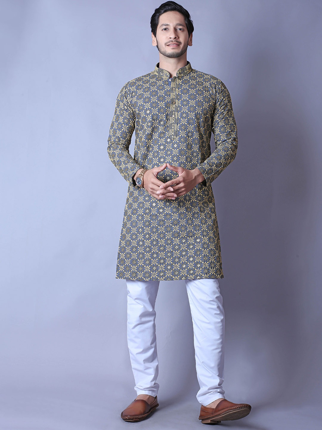 

ALMORA Men Ethnic Motifs Embroidered Chikankari Mandarin Collar Cotton Straight Kurta, Blue