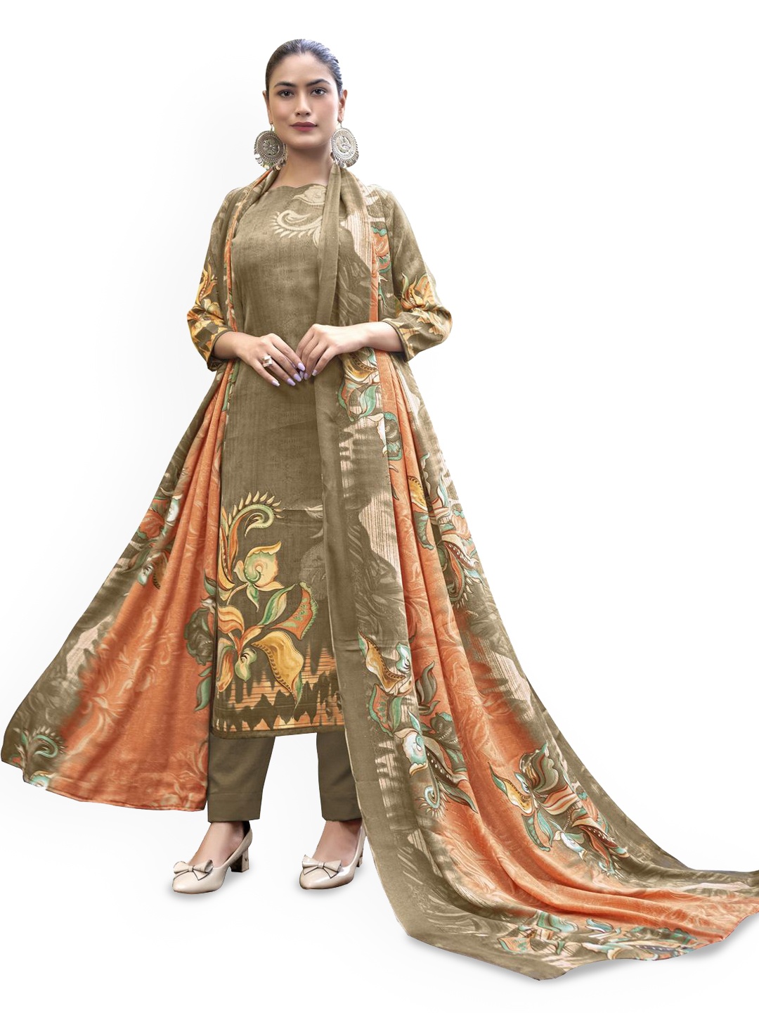

DRAVINAM Trends Floral Printed Pashmina Unstitched Dress Material, Brown