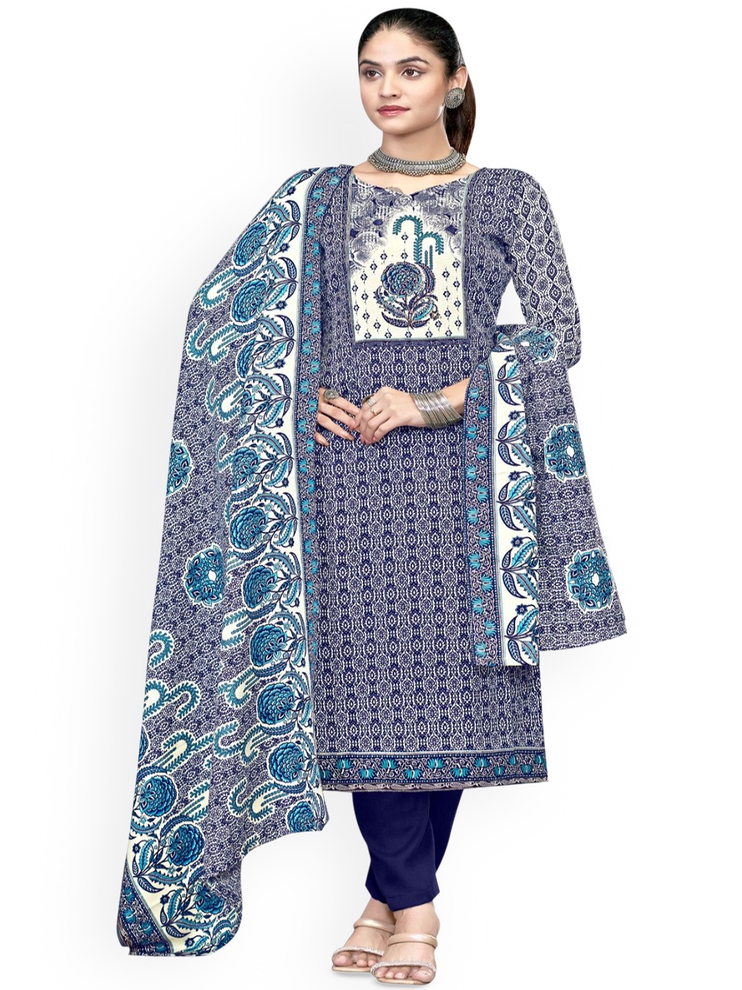 

DRAVINAM Trends Floral Printed Pashmina Unstitched Dress Material, Blue