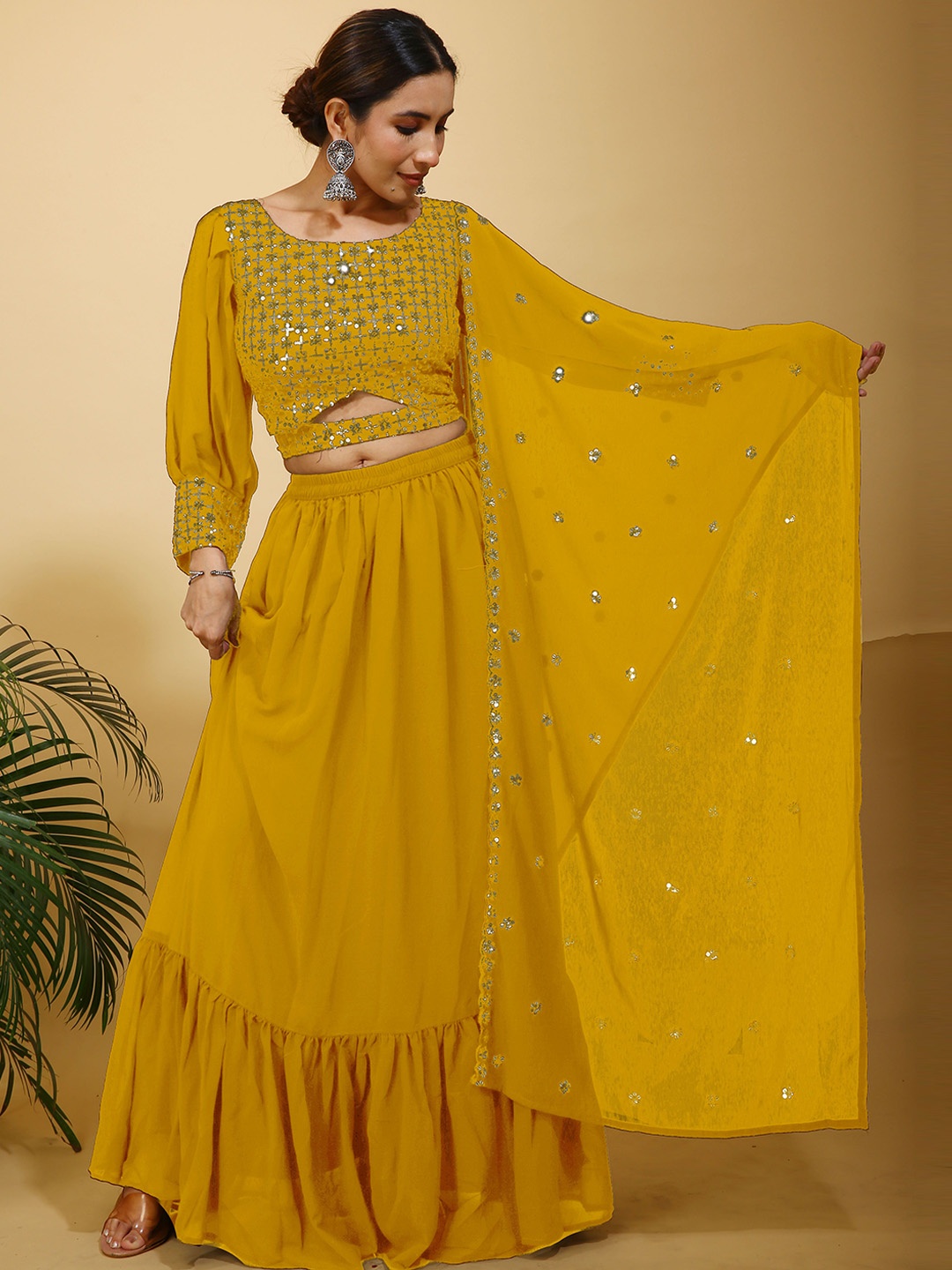 

SANCIA Floral Embroidered Georgette Top With Skirt & Dupatta, Yellow