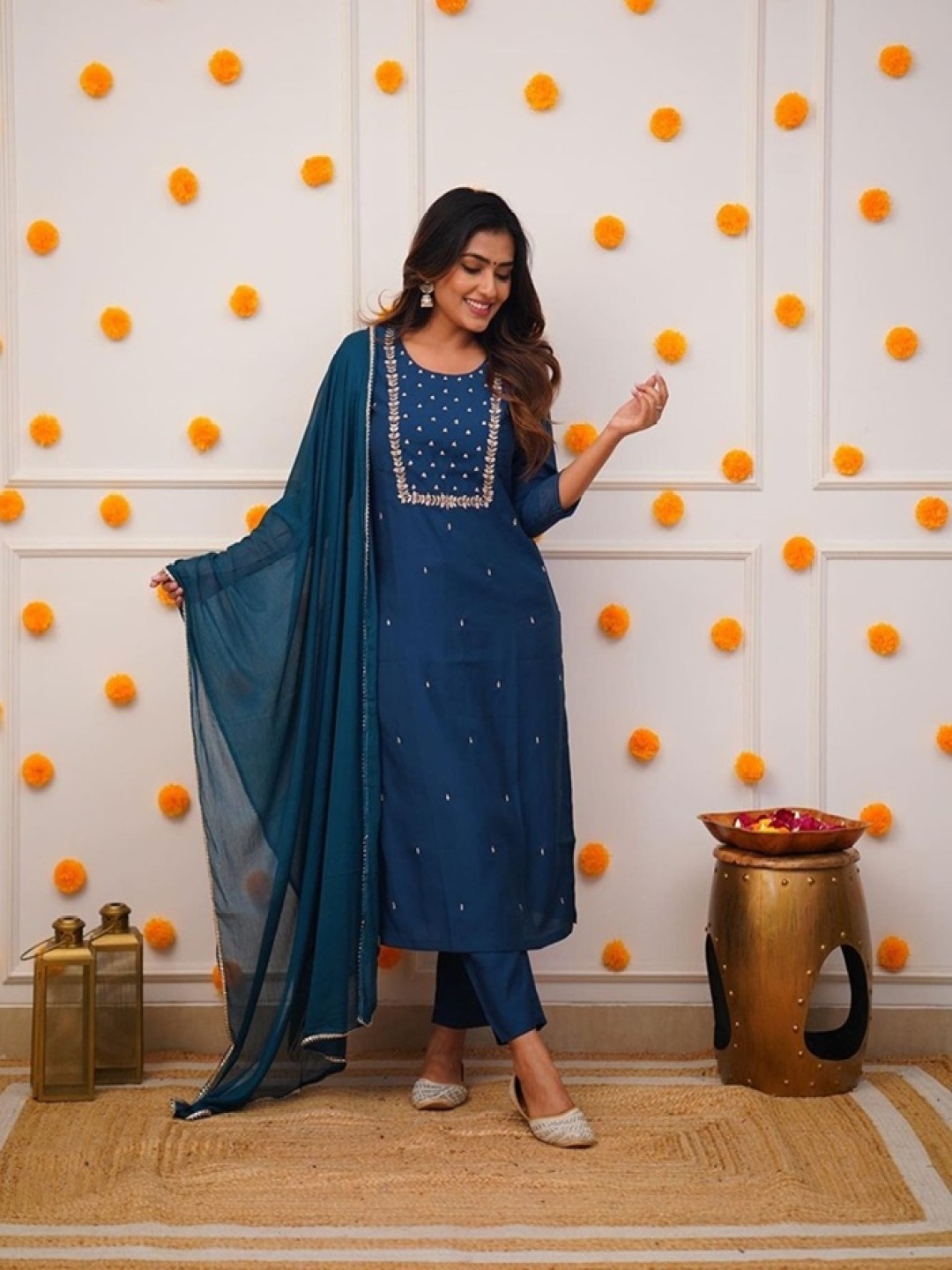 

Kurti Culture Floral Embroidered Round Neck Kurta With Trousers And Dupatta, Blue