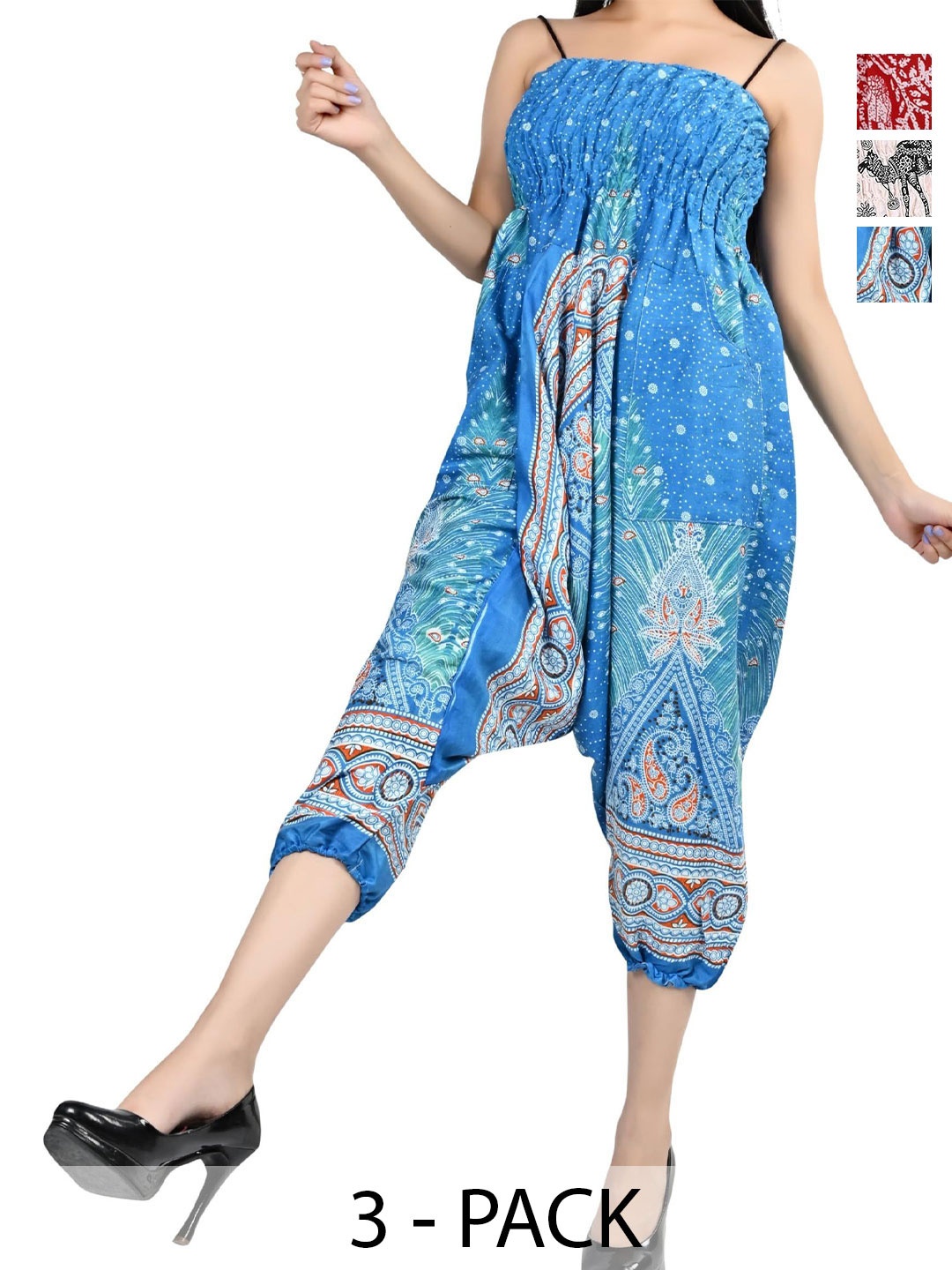 

NarNari Women Pack Of 3 Printed Mid-Rise Harem Pants, Blue