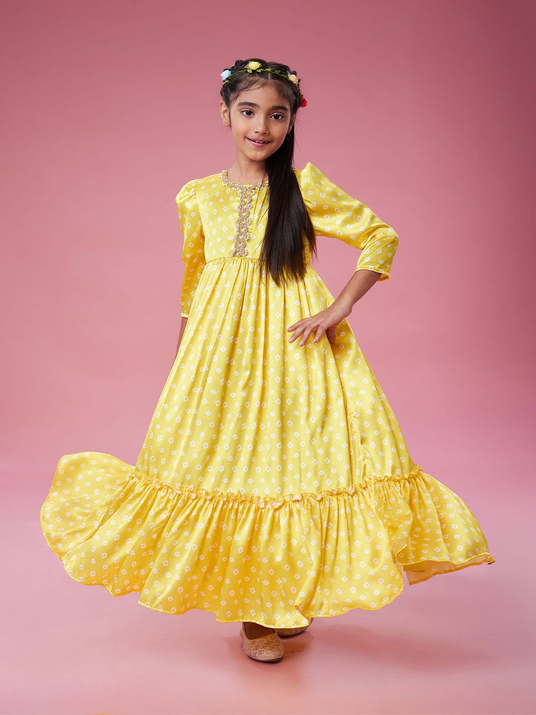 

MASTARANG Girls Ethnic Motifs Print Satin Maxi Dress, Yellow