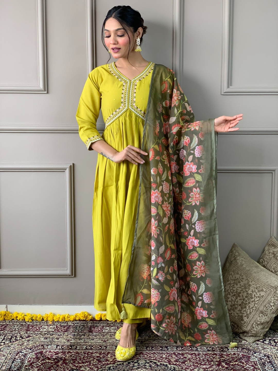 

Moda Rapido Women Floral Embroidered High Slit Thread Work Chanderi Silk Kurta with Trousers & With Dupatta, Mustard