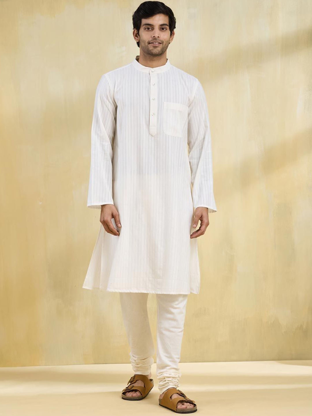

Fabindia Men Striped Band Collar Cotton Straight Kurta, White