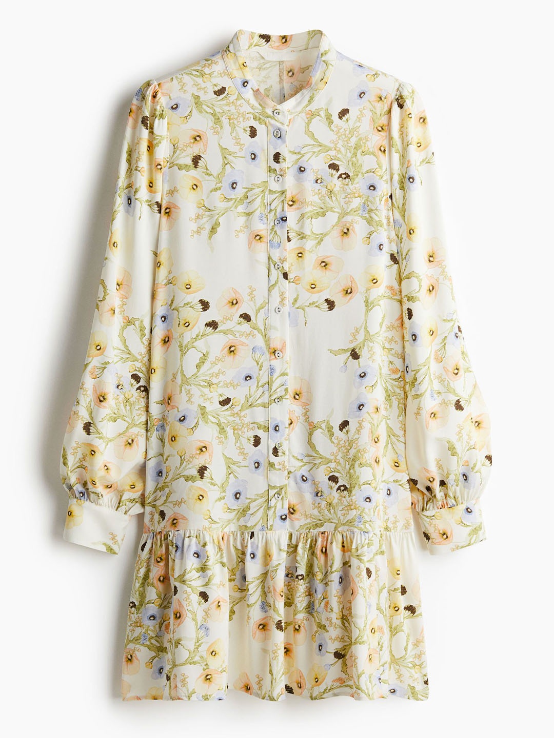

H&M Floral Printed Cuffed Sleeves Mandarin Collar Patterned Viscose Dress, Beige