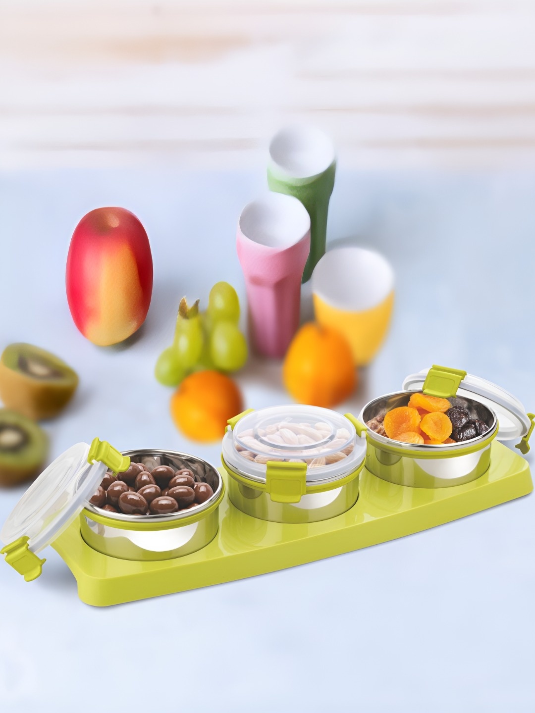 

Nayasa Steel Lock Set of 3 Green Dry Fruit Container & Tray Set