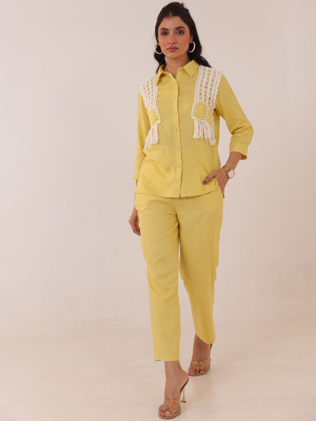 

AUTUMN LANE Embroidered Shirt Collar Pure Cotton Shirt With Trouser, Yellow