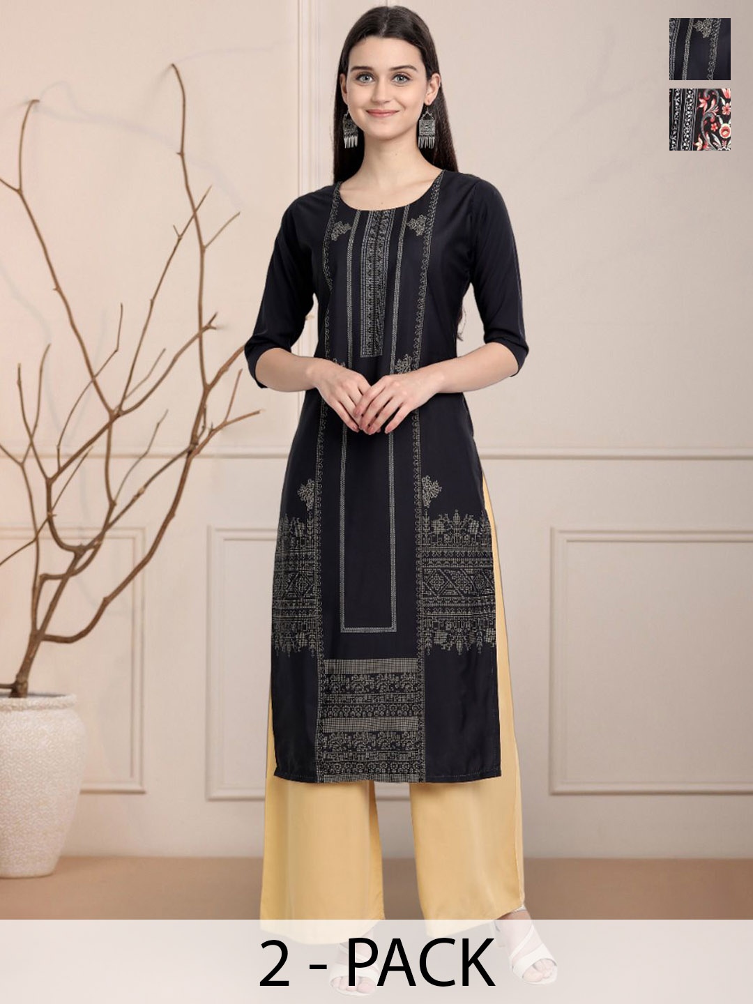 

Moda Rapido Black & Pink Selection Of 2 Ethnic Motifs Printed Straight Kurtas