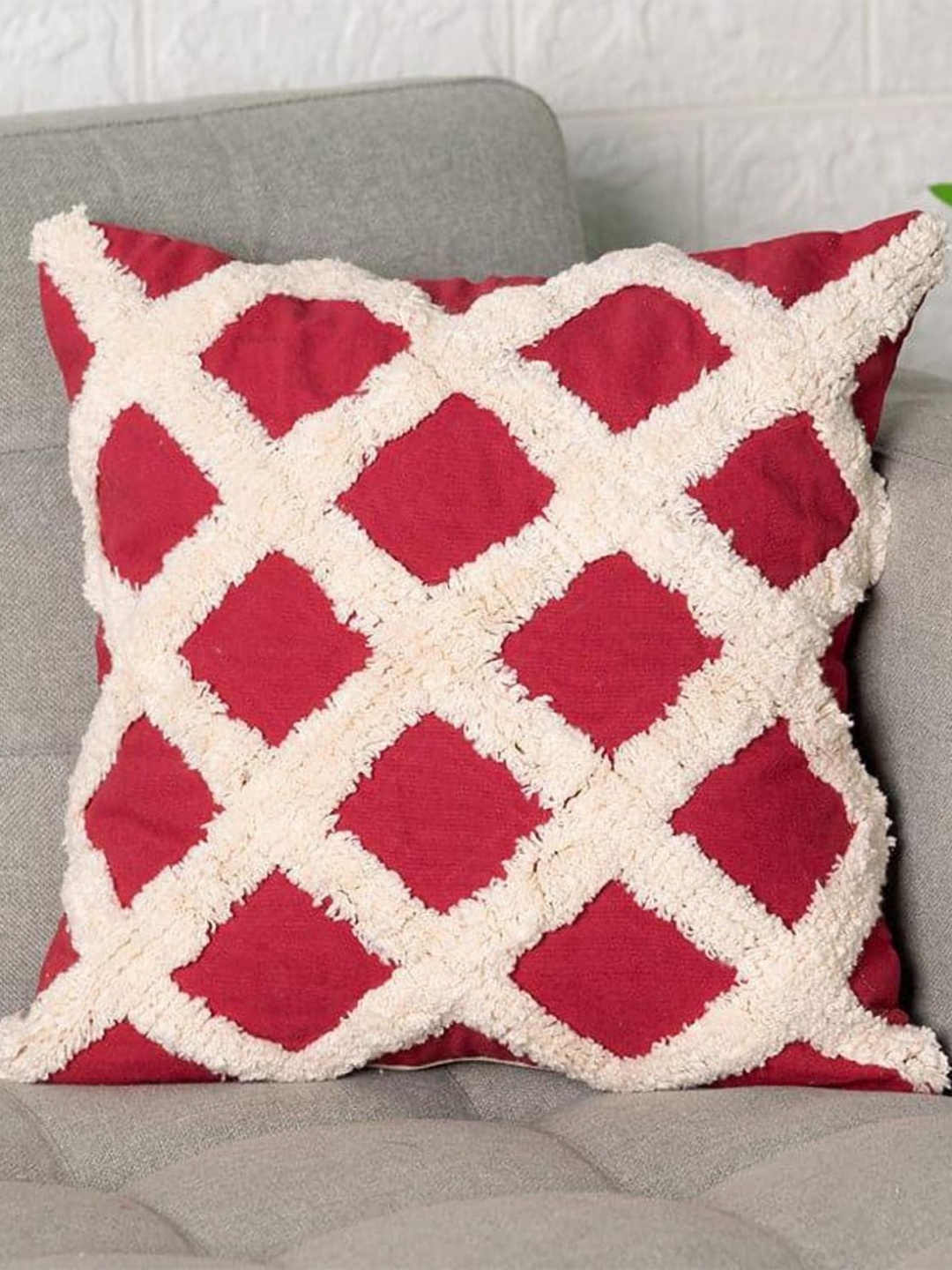 

Aura Maroon & Beige Self Design Cotton Square Cushion Covers