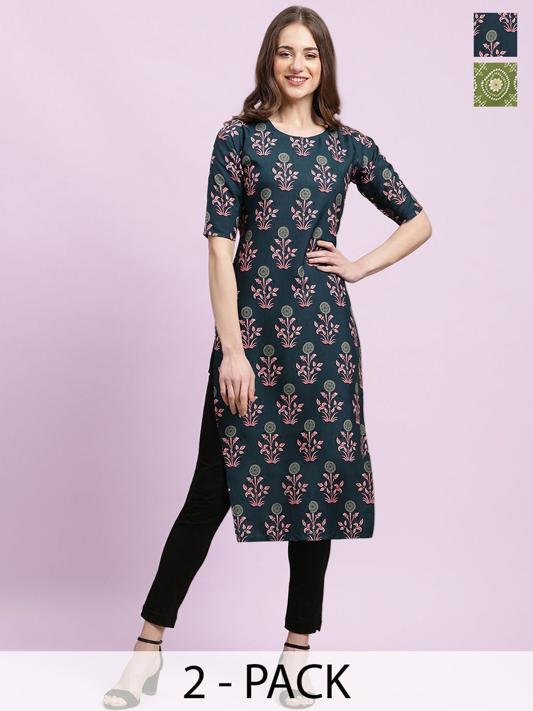

Moda Rapido Blue & Pink Selection of 2 Floral Printed Straight Kurtas