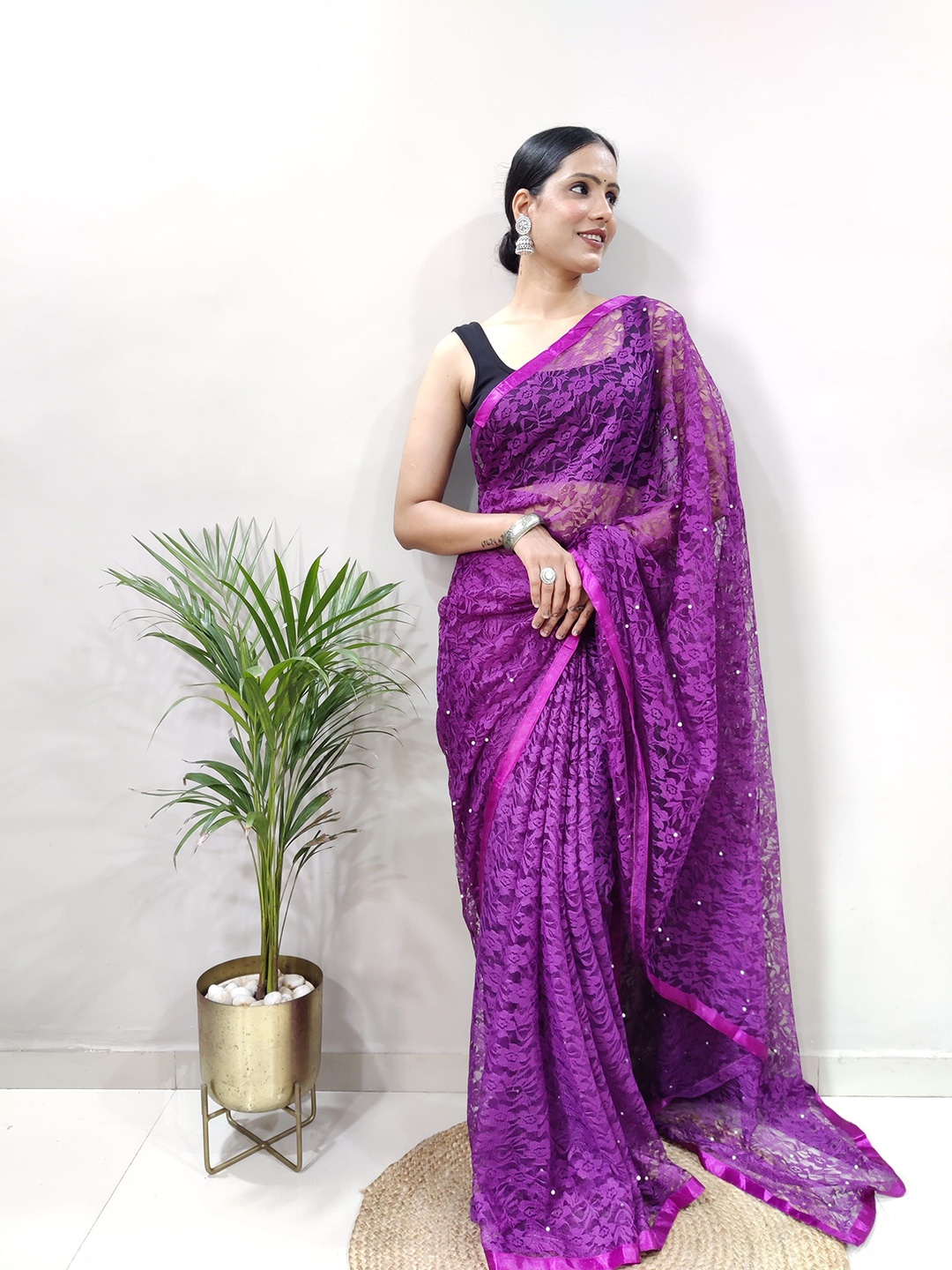 

KAYOMMI Woven Design Net Saree, Purple