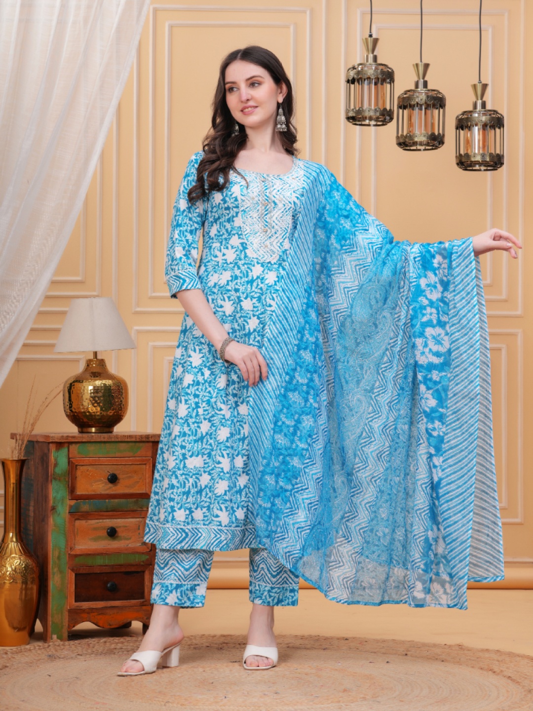 

KALINI Floral Printed Panelled Anarkali Kurta With Trousers & Dupatta, Blue