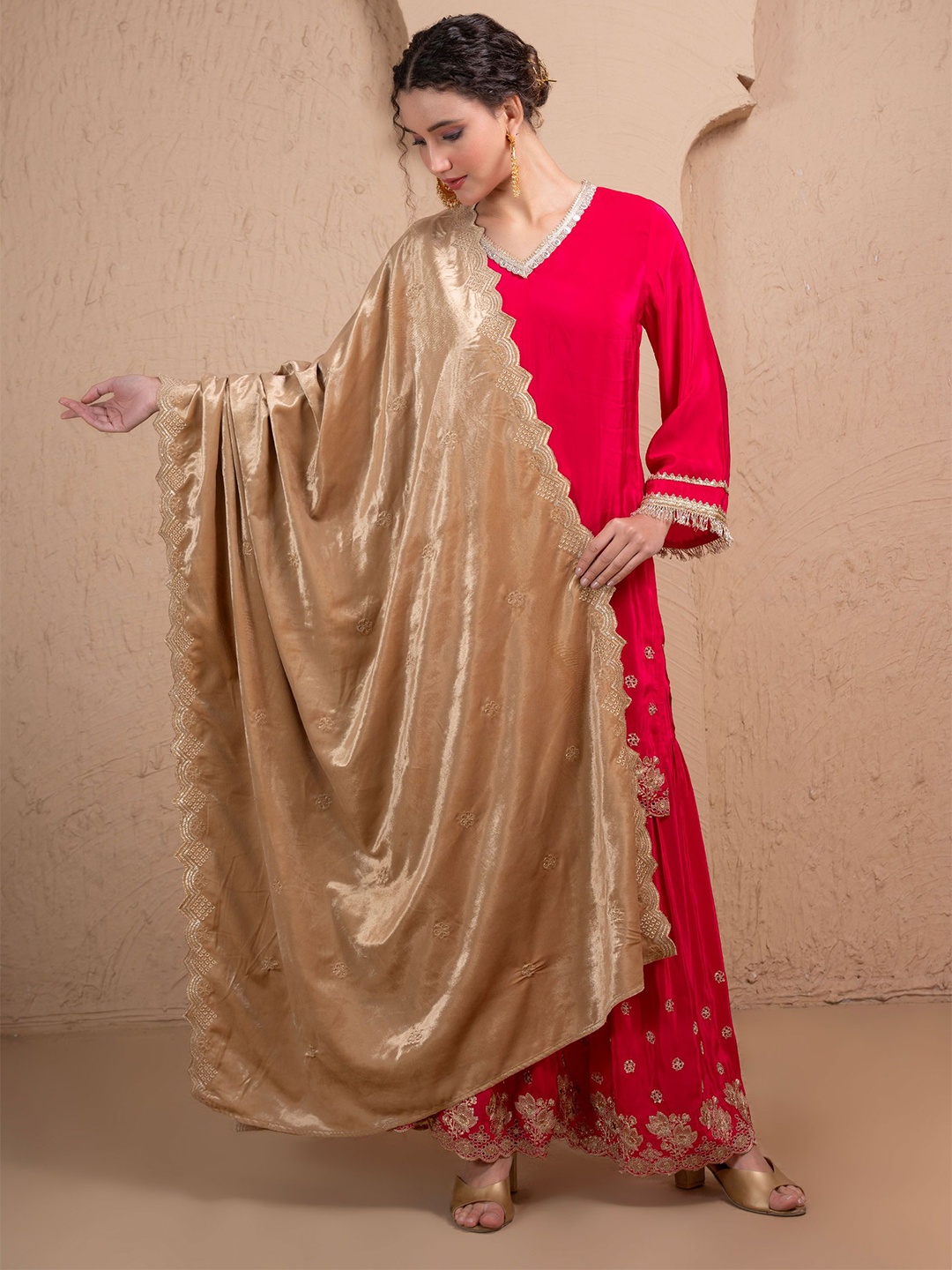 

SEW Floral Embroidered Velvet Dupatta With Thread Work, Beige
