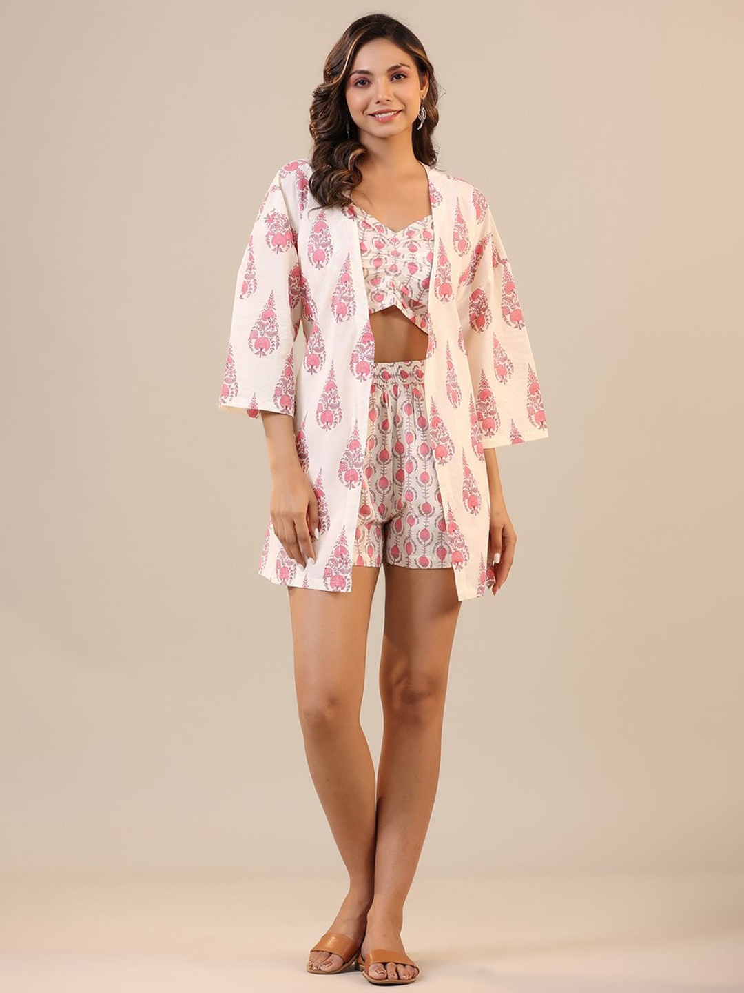 

JISORA Women Printed Night suit, Off white